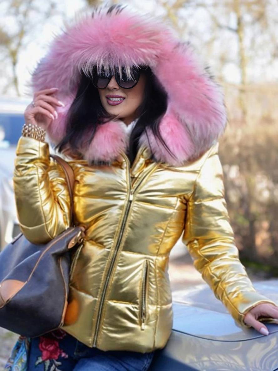 Heidi-Mode | Kurze Daunenjacke mit Kapuze und Falschem Pelz Reißverschluss Taschen Damen Winter Freizeitjacke