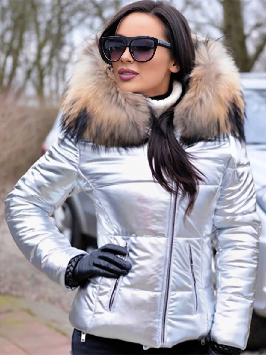 Heidi-Mode | Kurze Daunenjacke mit Kapuze und Falschem Pelz Reißverschluss Taschen Damen Winter Freizeitjacke