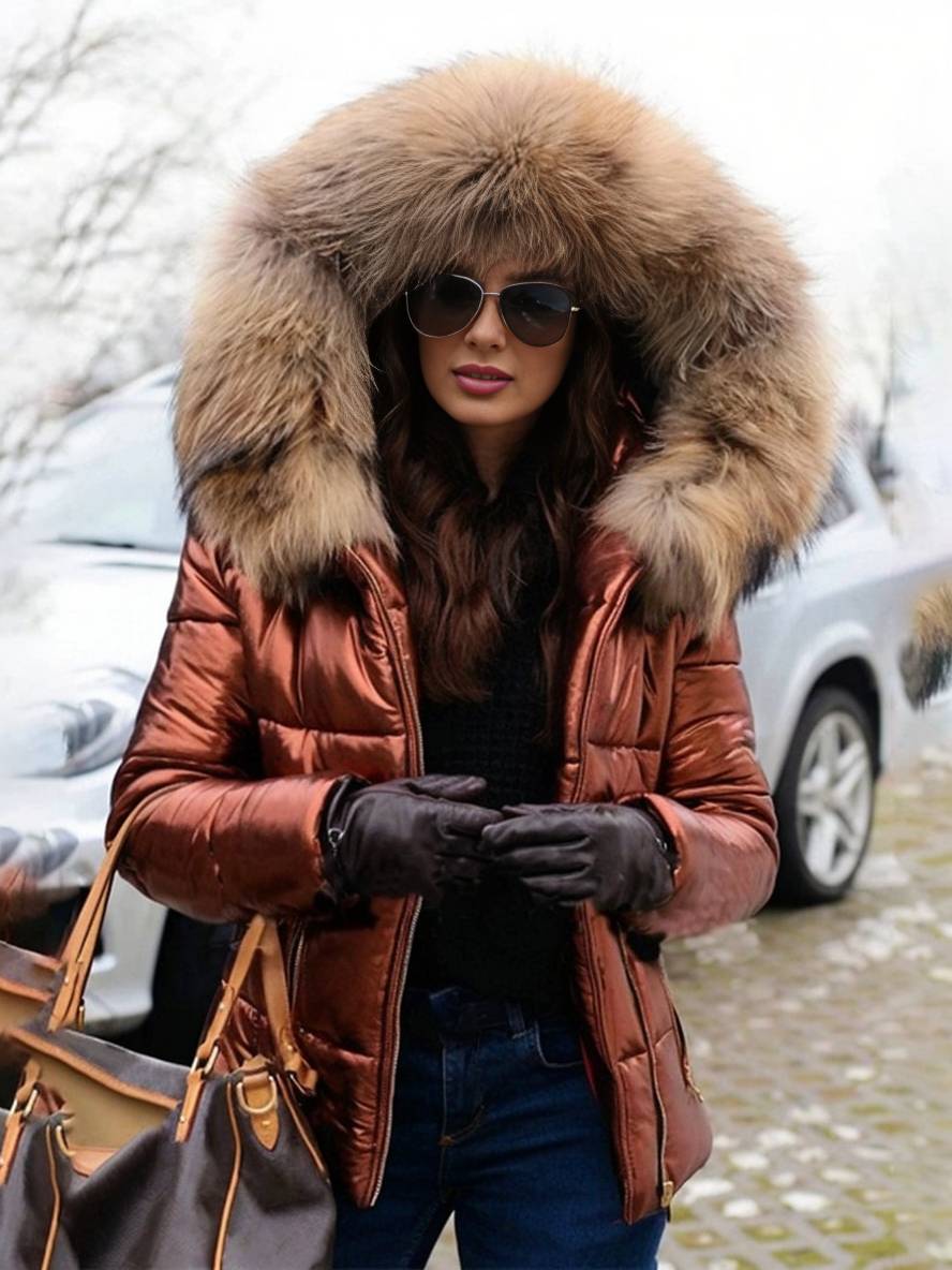 Heidi-Mode | Kurze Daunenjacke mit Kapuze und Falschem Pelz Reißverschluss Taschen Damen Winter Freizeitjacke