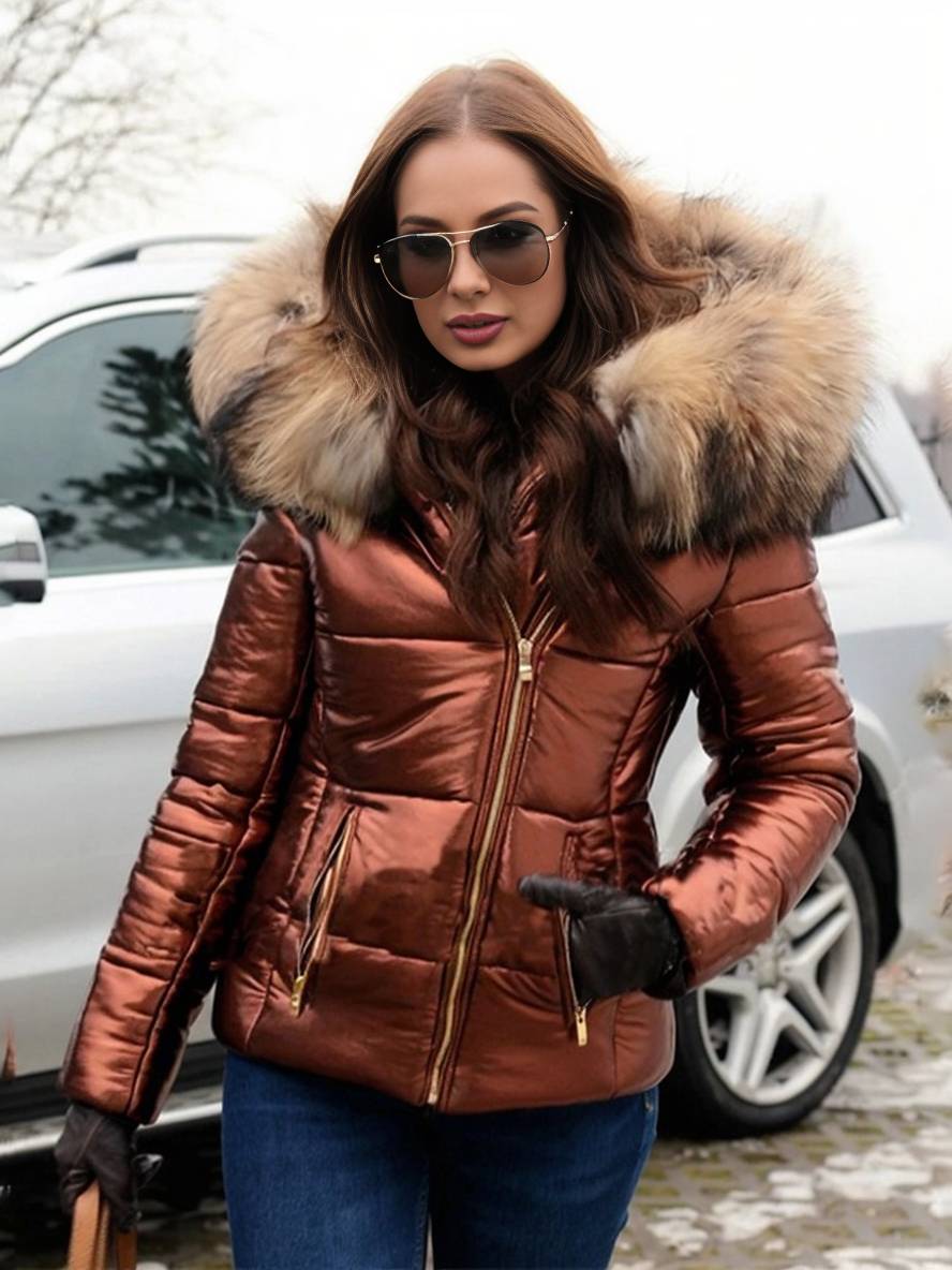 Heidi-Mode | Kurze Daunenjacke mit Kapuze und Falschem Pelz Reißverschluss Taschen Damen Winter Freizeitjacke