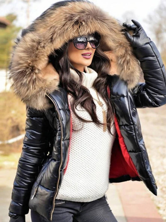 Heidi-Mode | Kurze Daunenjacke mit Kapuze und Falschem Pelz Reißverschluss Taschen Damen Winter Freizeitjacke