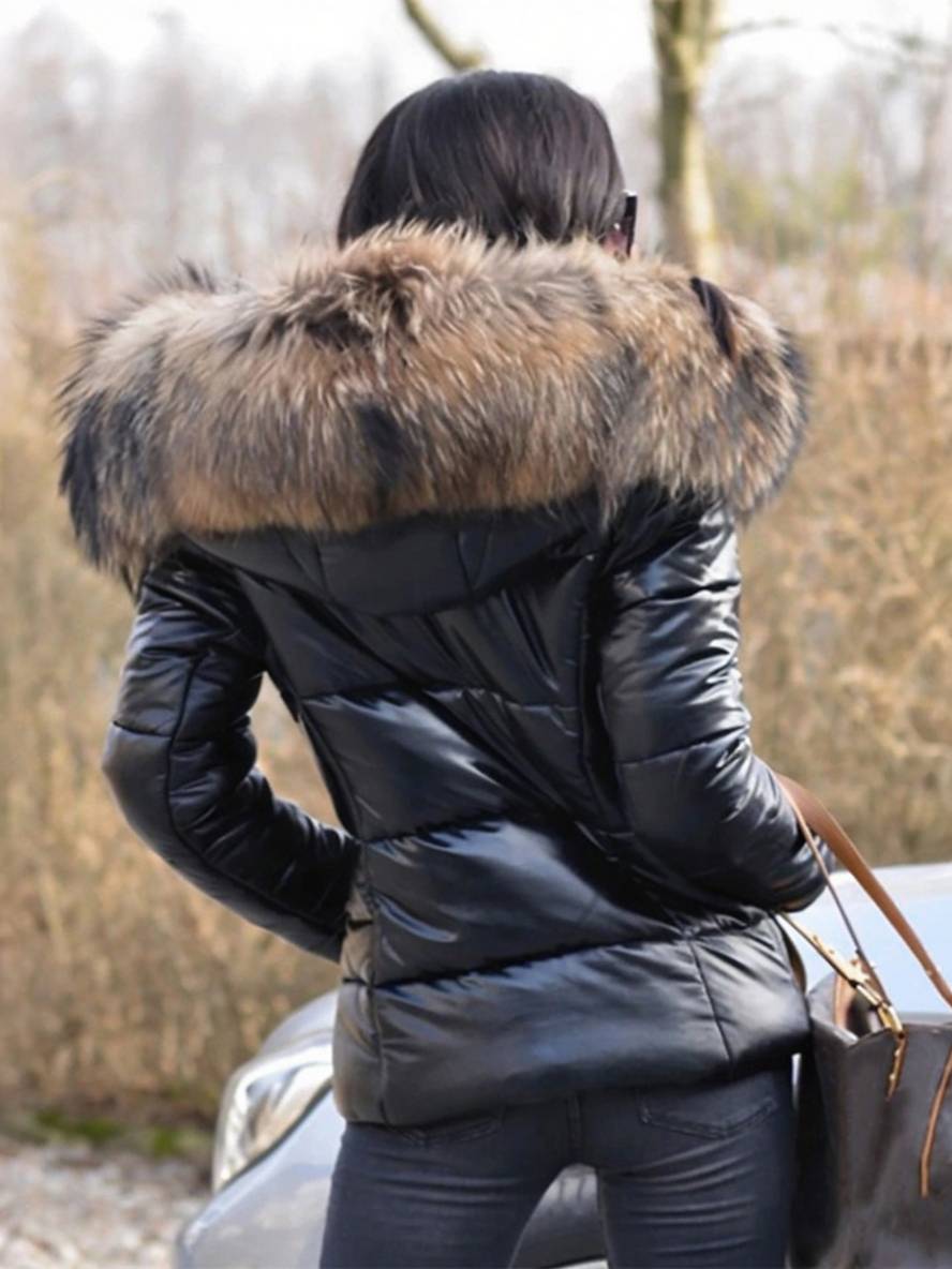 Heidi-Mode | Kurze Daunenjacke mit Kapuze und Falschem Pelz Reißverschluss Taschen Damen Winter Freizeitjacke