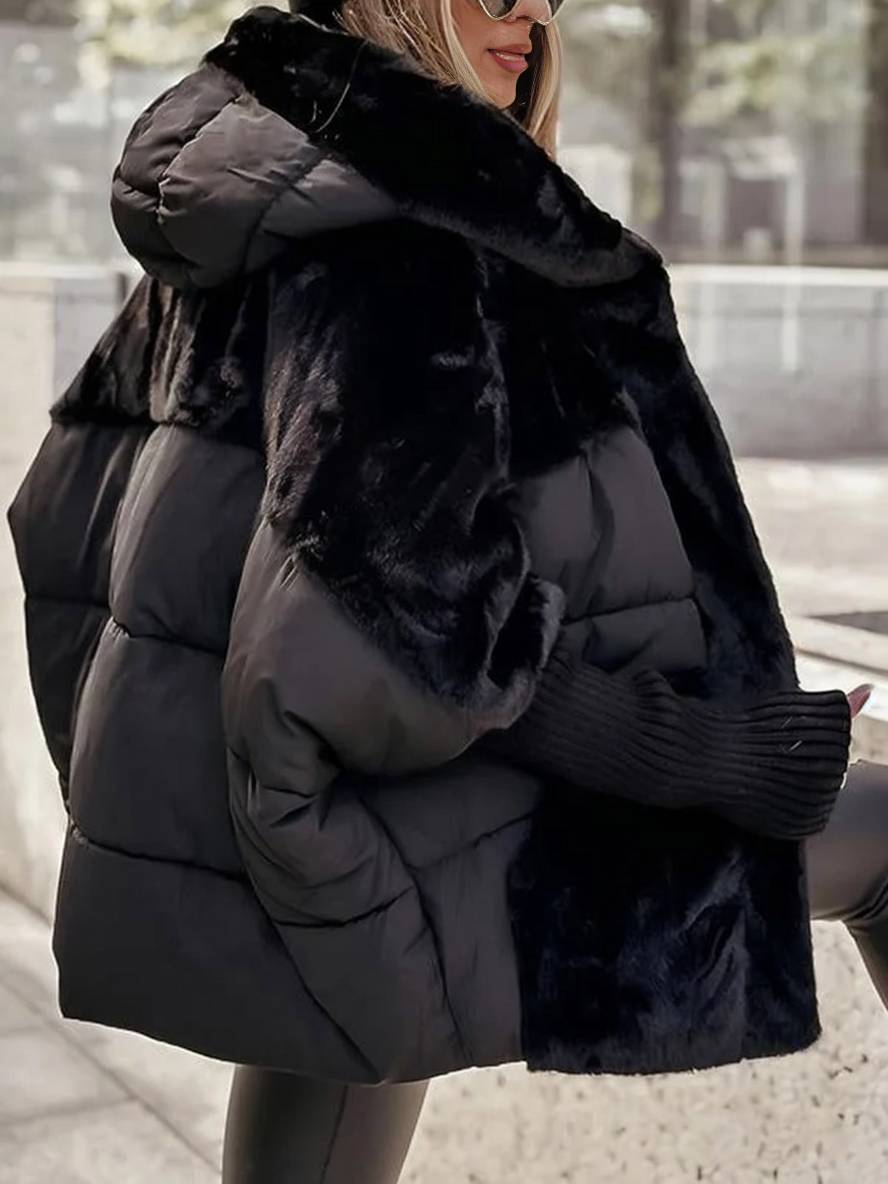 Heidi-Mode | Mittellanger Daunenmantel mit Kapuze Reißverschluss Taschen mit Fledermausärmeln Damen Lässig Oversized Jacke