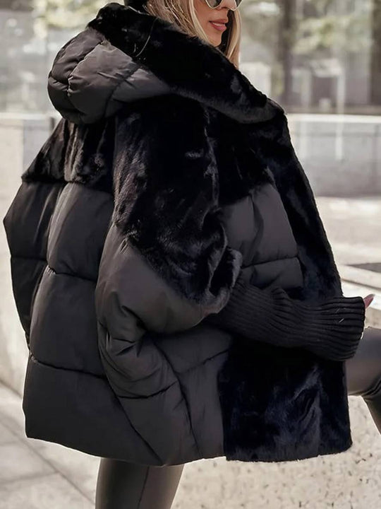 Heidi-Mode | Mittellanger Daunenmantel mit Kapuze Reißverschluss Taschen mit Fledermausärmeln Damen Lässig Oversized Jacke