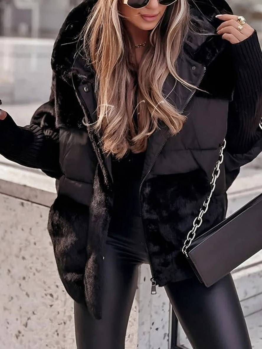 Heidi-Mode | Mittellanger Daunenmantel mit Kapuze Reißverschluss Taschen mit Fledermausärmeln Damen Lässig Oversized Jacke