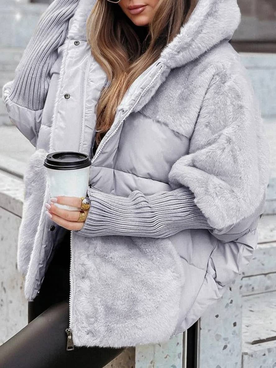Heidi-Mode | Mittellanger Daunenmantel mit Kapuze Reißverschluss Taschen mit Fledermausärmeln Damen Lässig Oversized Jacke