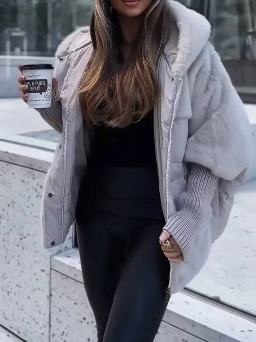 Heidi-Mode | Mittellanger Daunenmantel mit Kapuze Reißverschluss Taschen mit Fledermausärmeln Damen Lässig Oversized Jacke