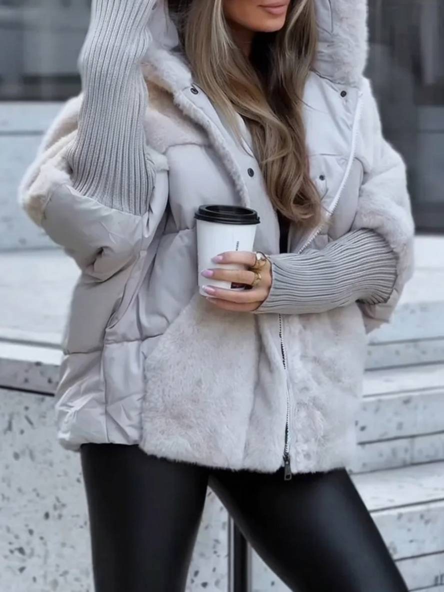 Heidi-Mode | Mittellanger Daunenmantel mit Kapuze Reißverschluss Taschen mit Fledermausärmeln Damen Lässig Oversized Jacke