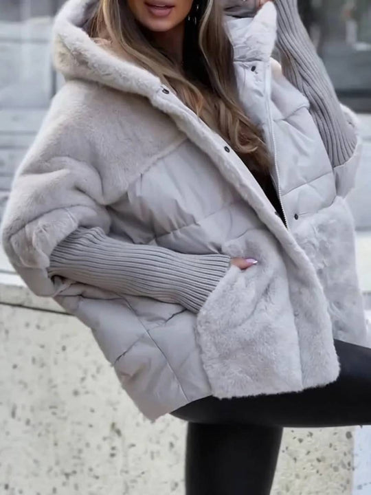 Heidi-Mode | Mittellanger Daunenmantel mit Kapuze Reißverschluss Taschen mit Fledermausärmeln Damen Lässig Oversized Jacke