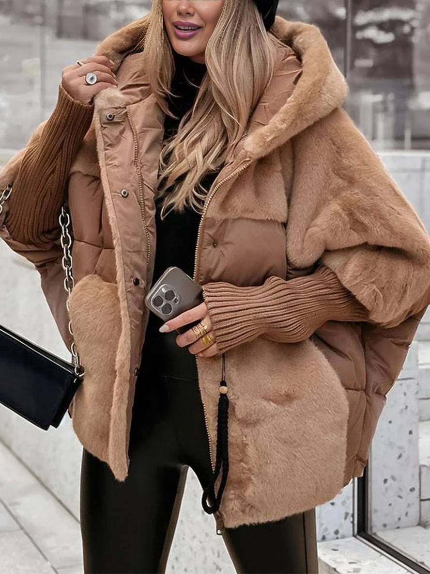 Heidi-Mode | Mittellanger Daunenmantel mit Kapuze Reißverschluss Taschen mit Fledermausärmeln Damen Lässig Oversized Jacke