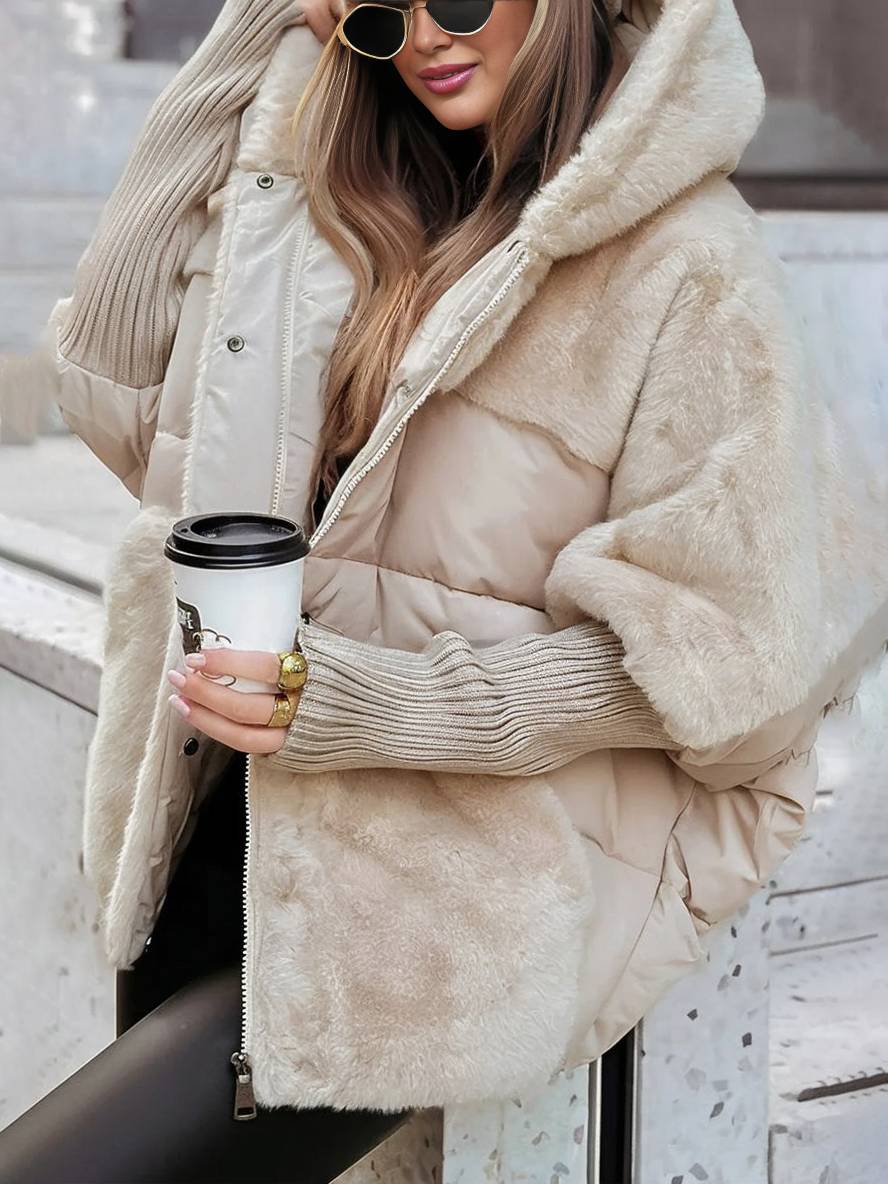 Heidi-Mode | Mittellanger Daunenmantel mit Kapuze Reißverschluss Taschen mit Fledermausärmeln Damen Lässig Oversized Jacke