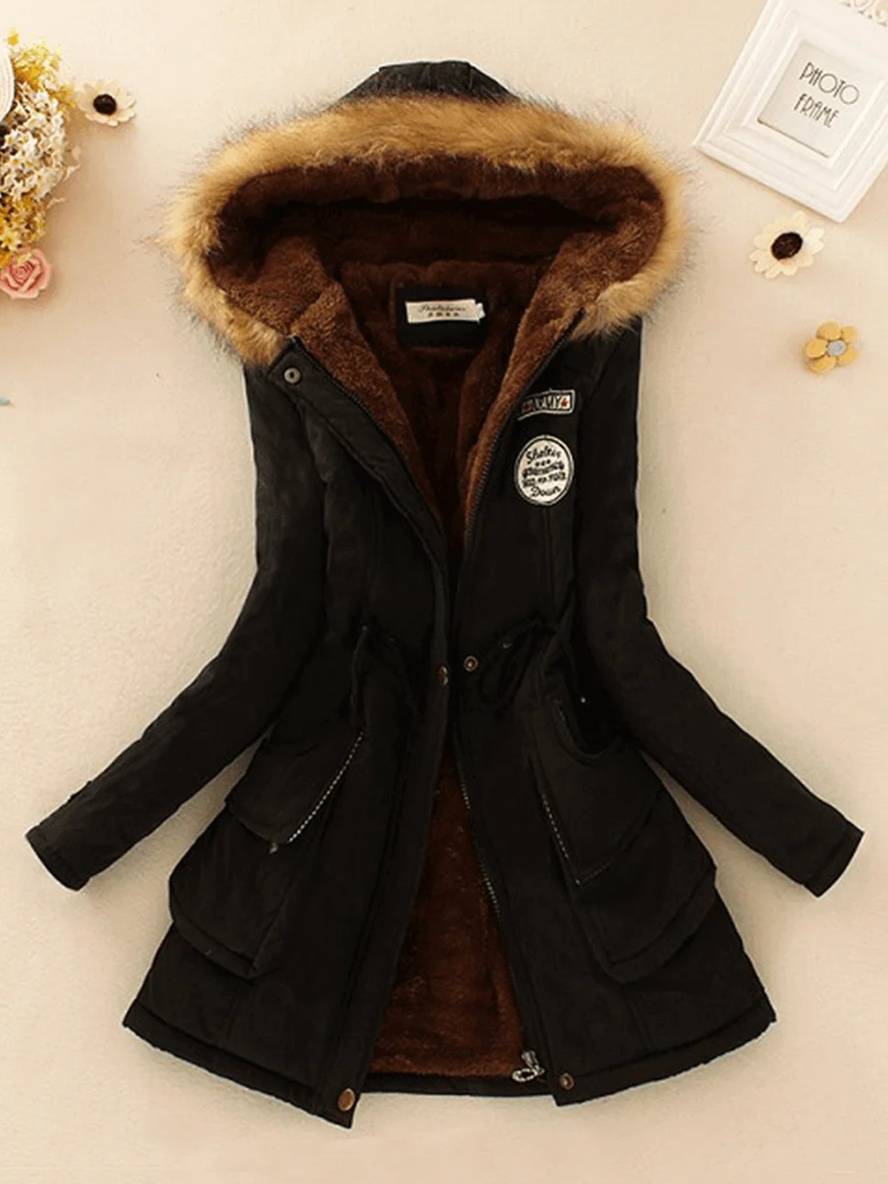 Heidi-Mode | Mid-Length Parka Innenfutter aus Fell mit Kapuze Knöpfe Taschen Reißverschluss Frauen Lässige Mode