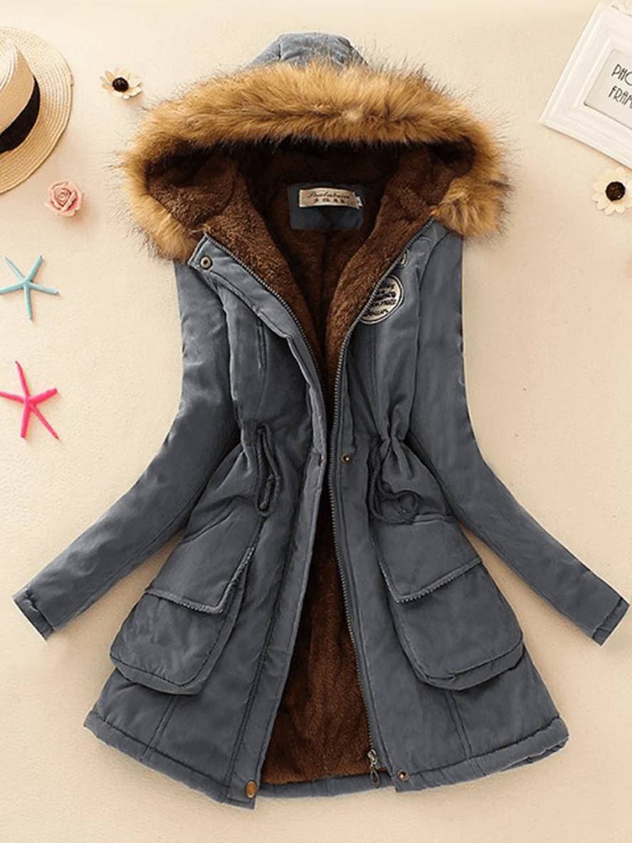 Heidi-Mode | Mid-Length Parka Innenfutter aus Fell mit Kapuze Knöpfe Taschen Reißverschluss Frauen Lässige Mode