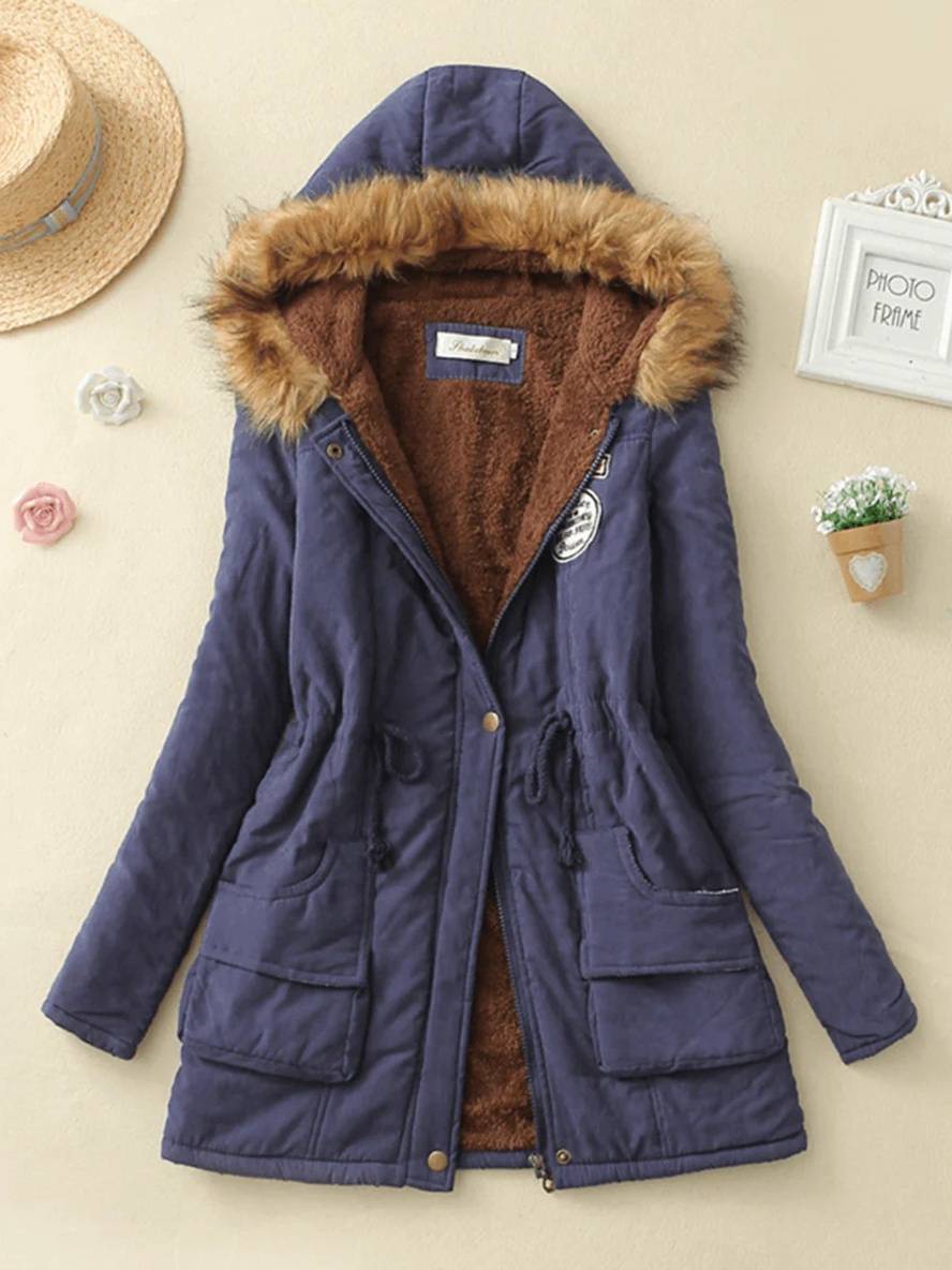 Heidi-Mode | Mid-Length Parka Innenfutter aus Fell mit Kapuze Knöpfe Taschen Reißverschluss Frauen Lässige Mode