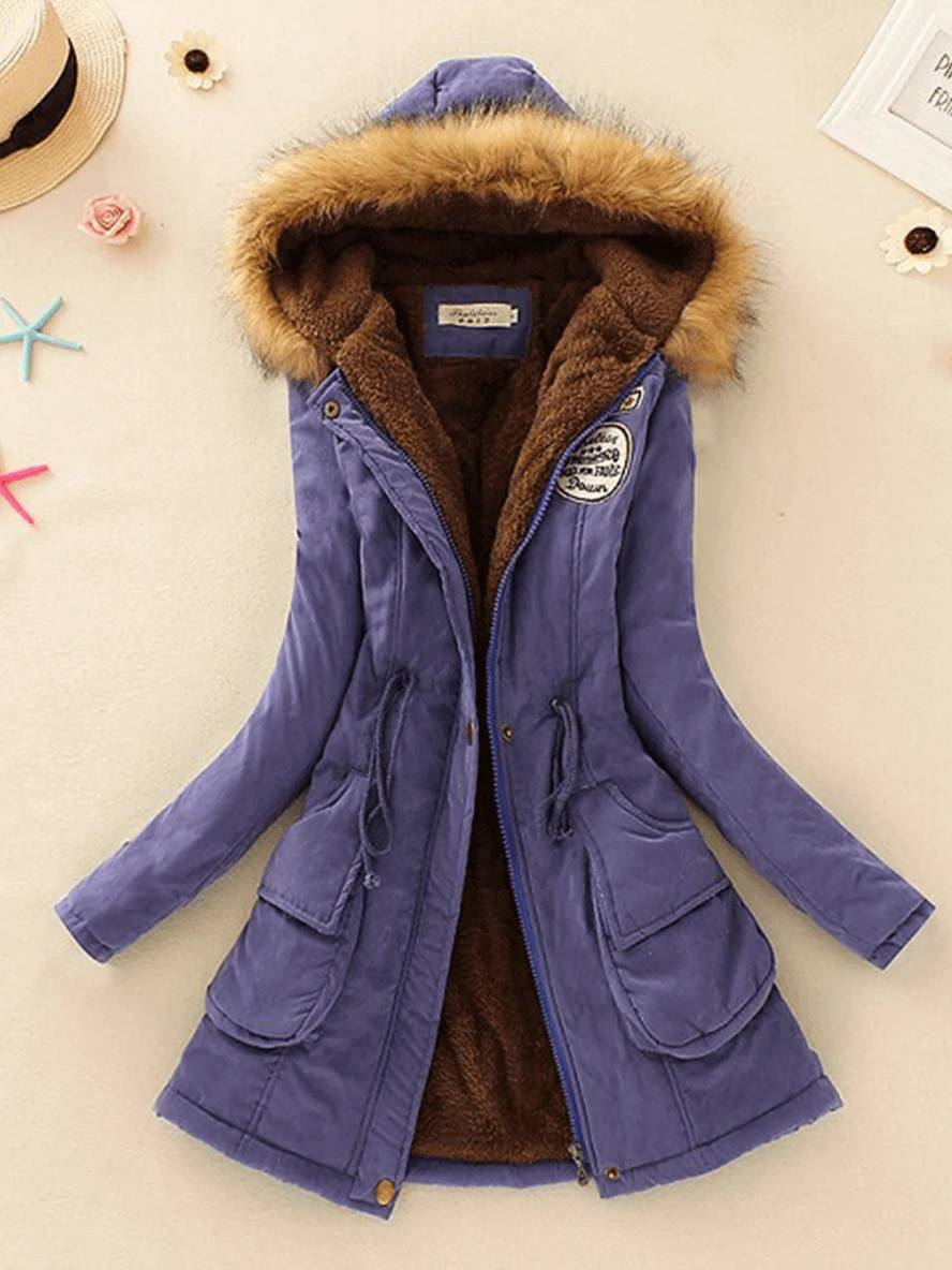 Heidi-Mode | Mid-Length Parka Innenfutter aus Fell mit Kapuze Knöpfe Taschen Reißverschluss Frauen Lässige Mode