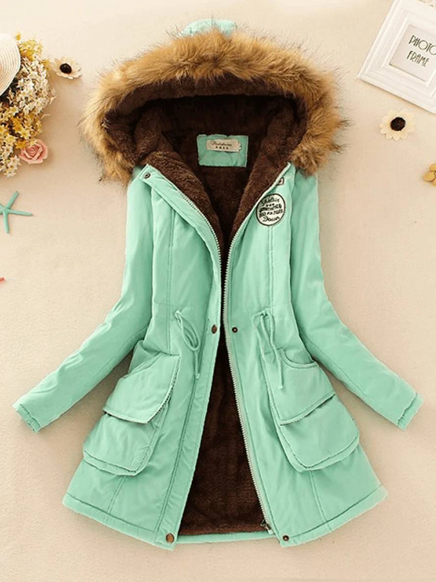 Heidi-Mode | Mid-Length Parka Innenfutter aus Fell mit Kapuze Knöpfe Taschen Reißverschluss Frauen Lässige Mode