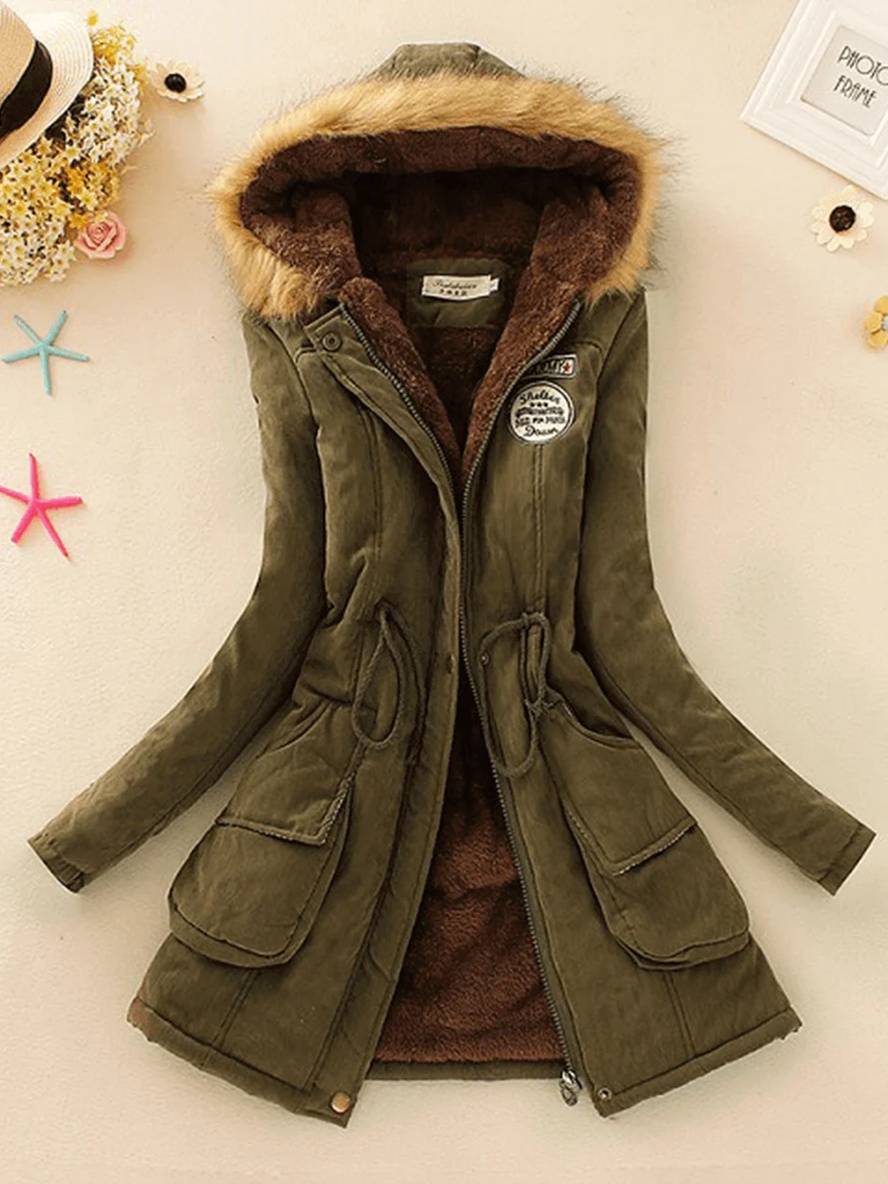 Heidi-Mode | Mid-Length Parka Innenfutter aus Fell mit Kapuze Knöpfe Taschen Reißverschluss Frauen Lässige Mode