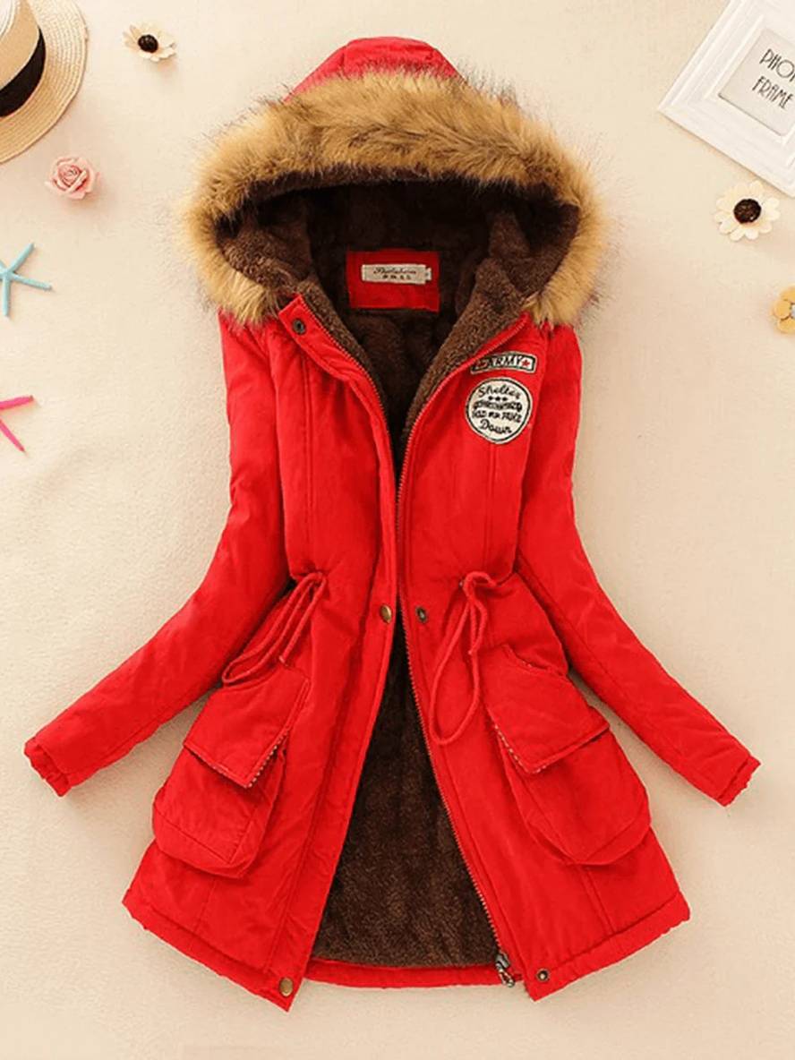 Heidi-Mode | Mid-Length Parka Innenfutter aus Fell mit Kapuze Knöpfe Taschen Reißverschluss Frauen Lässige Mode