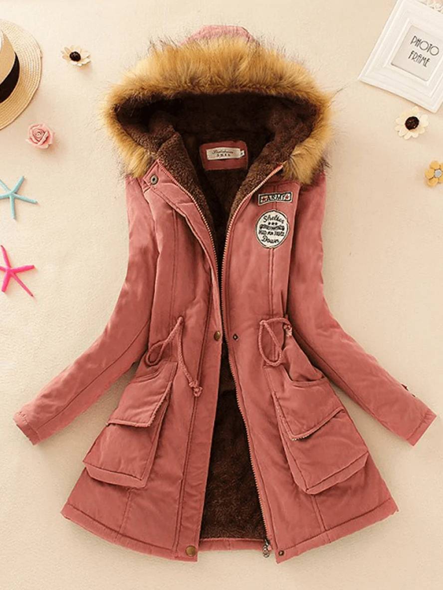 Heidi-Mode | Mid-Length Parka Innenfutter aus Fell mit Kapuze Knöpfe Taschen Reißverschluss Frauen Lässige Mode