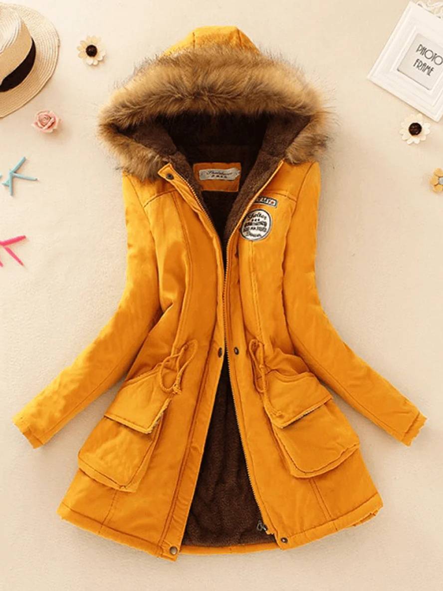 Heidi-Mode | Mid-Length Parka Innenfutter aus Fell mit Kapuze Knöpfe Taschen Reißverschluss Frauen Lässige Mode