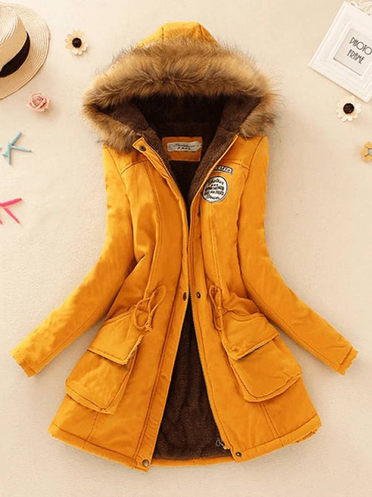 Heidi-Mode | Mid-Length Parka Innenfutter aus Fell mit Kapuze Knöpfe Taschen Reißverschluss Frauen Lässige Mode