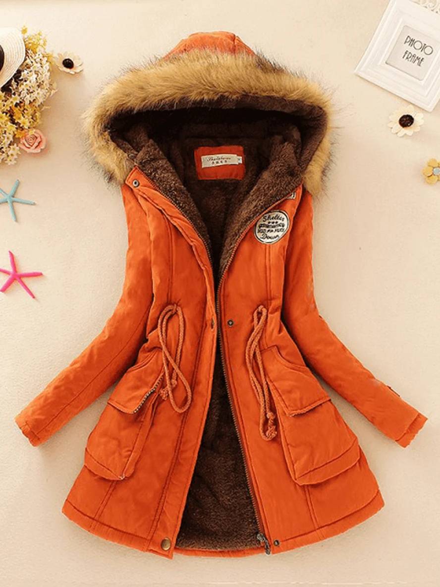 Heidi-Mode | Mid-Length Parka Innenfutter aus Fell mit Kapuze Knöpfe Taschen Reißverschluss Frauen Lässige Mode