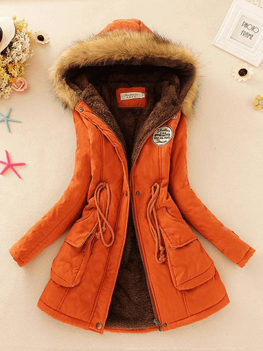 Heidi-Mode | Mid-Length Parka Innenfutter aus Fell mit Kapuze Knöpfe Taschen Reißverschluss Frauen Lässige Mode