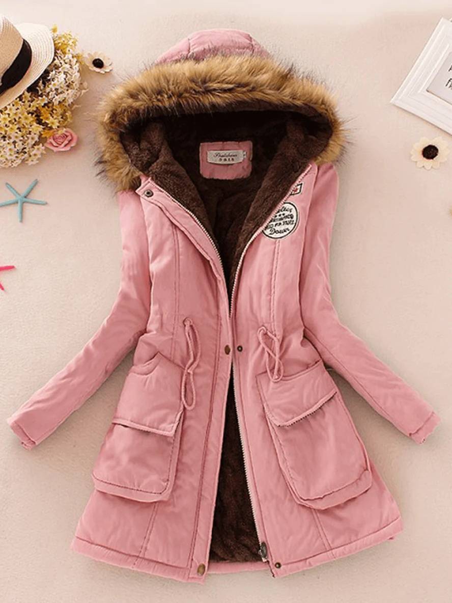 Heidi-Mode | Mid-Length Parka Innenfutter aus Fell mit Kapuze Knöpfe Taschen Reißverschluss Frauen Lässige Mode