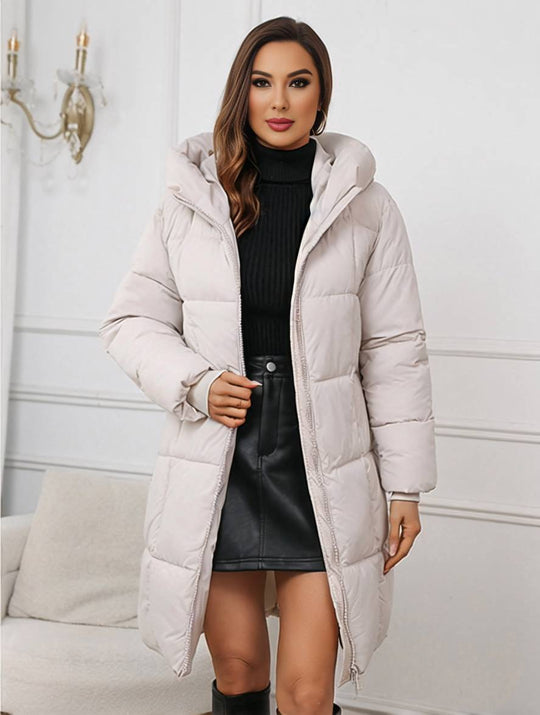 Heidi-Mode | Mid-Lange Kapuzen-Daunenjacke mit Reißverschluss Taschen Lange Ärmel Damen Lässig Weit Winter Mantel