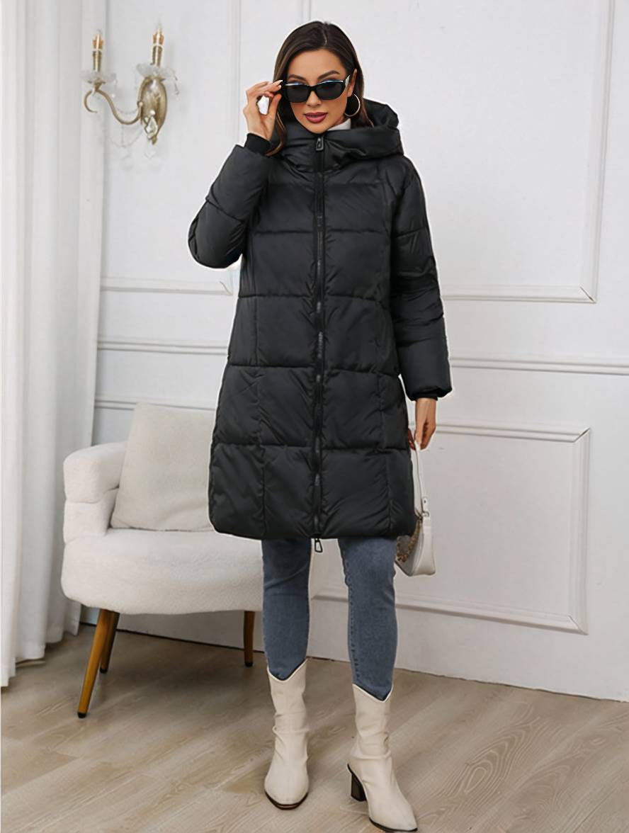 Heidi-Mode | Mid-Lange Kapuzen-Daunenjacke mit Reißverschluss Taschen Lange Ärmel Damen Lässig Weit Winter Mantel