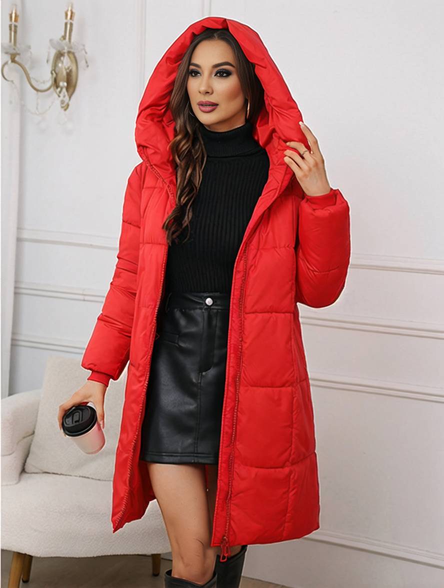 Heidi-Mode | Mid-Lange Kapuzen-Daunenjacke mit Reißverschluss Taschen Lange Ärmel Damen Lässig Weit Winter Mantel