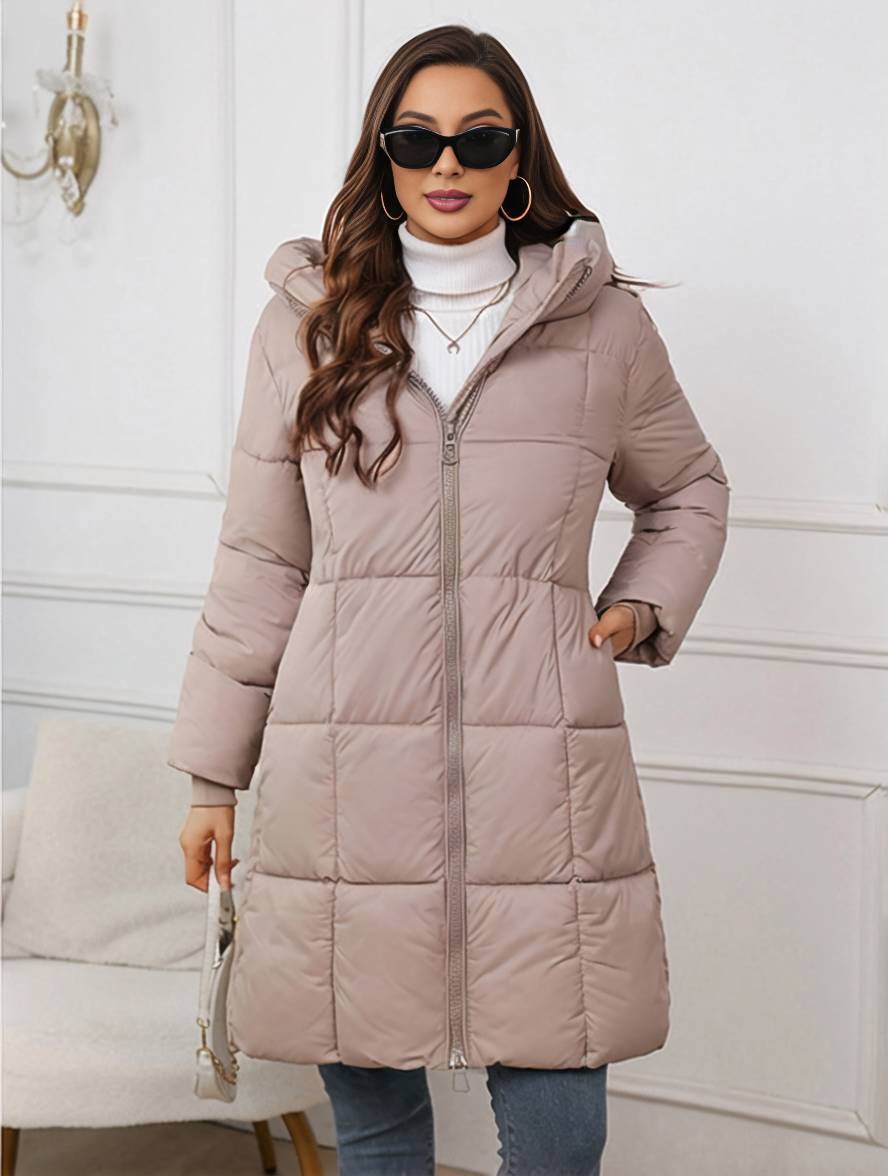 Heidi-Mode | Mid-Lange Kapuzen-Daunenjacke mit Reißverschluss Taschen Lange Ärmel Damen Lässig Weit Winter Mantel
