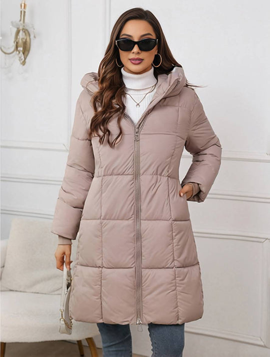 Heidi-Mode | Mid-Lange Kapuzen-Daunenjacke mit Reißverschluss Taschen Lange Ärmel Damen Lässig Weit Winter Mantel