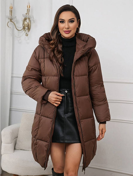 Heidi-Mode | Mid-Lange Kapuzen-Daunenjacke mit Reißverschluss Taschen Lange Ärmel Damen Lässig Weit Winter Mantel