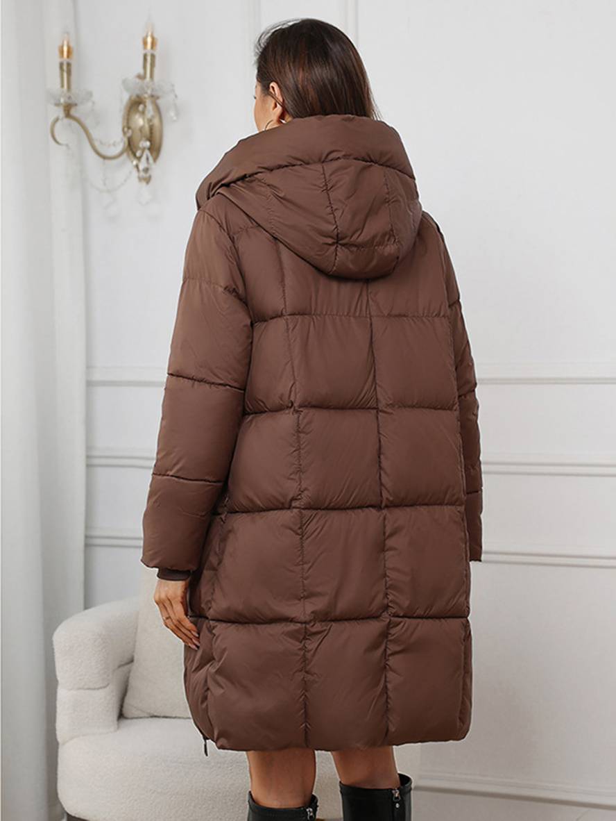 Heidi-Mode | Mid-Lange Kapuzen-Daunenjacke mit Reißverschluss Taschen Lange Ärmel Damen Lässig Weit Winter Mantel