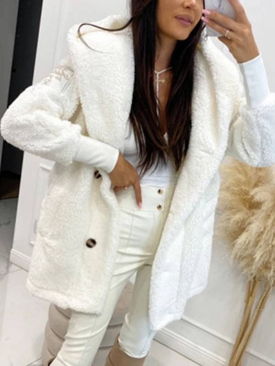 Heidi-Mode | Mittel-Langer Kapuzenmantel mit Fleece-Knopf-Taschen Lange Ärmel Damen Elegant Casual Locker Jacke
