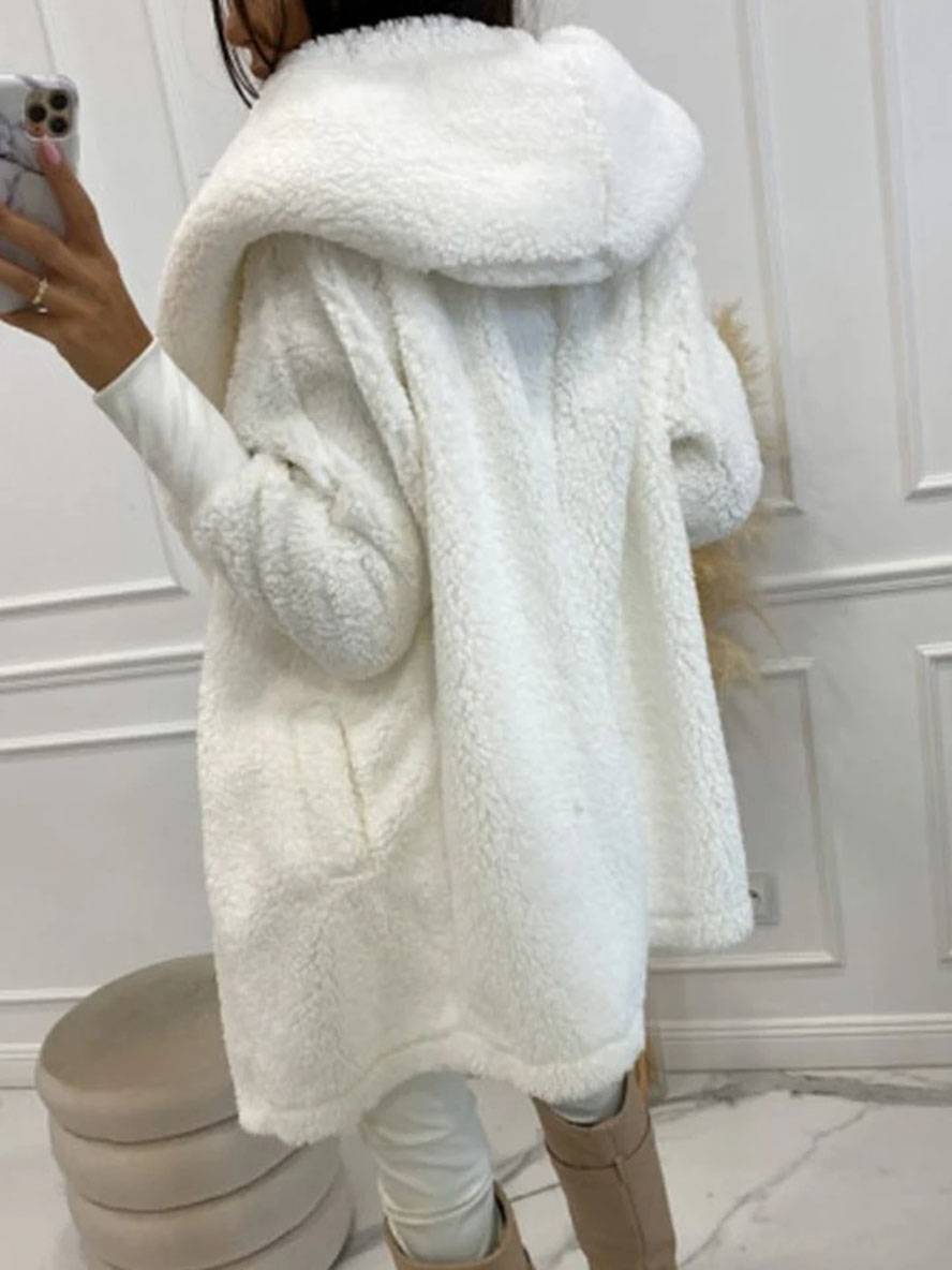Heidi-Mode | Mittel-Langer Kapuzenmantel mit Fleece-Knopf-Taschen Lange Ärmel Damen Elegant Casual Locker Jacke