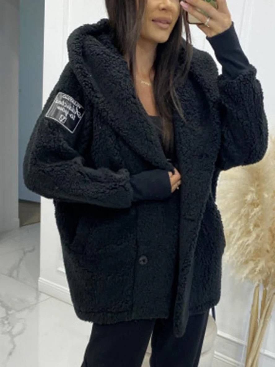 Heidi-Mode | Mittel-Langer Kapuzenmantel mit Fleece-Knopf-Taschen Lange Ärmel Damen Elegant Casual Locker Jacke