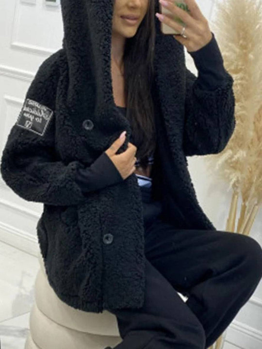 Heidi-Mode | Mittel-Langer Kapuzenmantel mit Fleece-Knopf-Taschen Lange Ärmel Damen Elegant Casual Locker Jacke