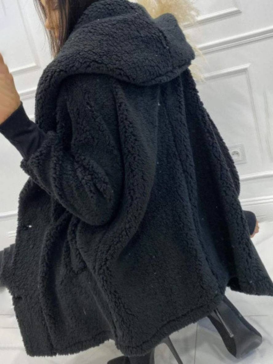 Heidi-Mode | Mittel-Langer Kapuzenmantel mit Fleece-Knopf-Taschen Lange Ärmel Damen Elegant Casual Locker Jacke