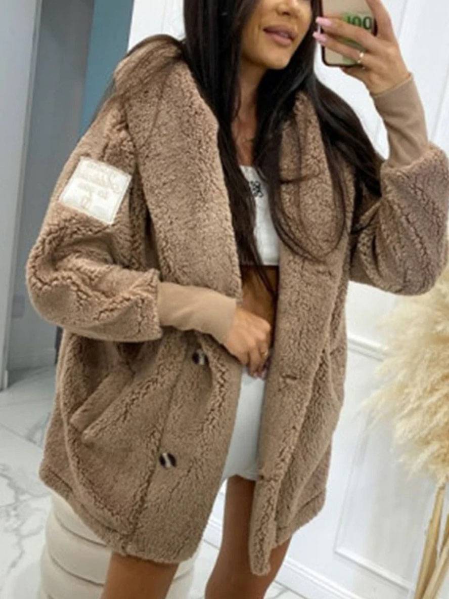 Heidi-Mode | Mittel-Langer Kapuzenmantel mit Fleece-Knopf-Taschen Lange Ärmel Damen Elegant Casual Locker Jacke
