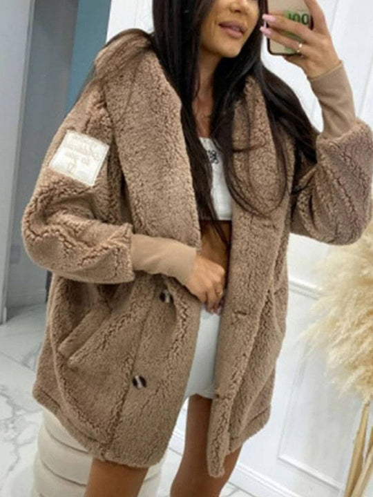 Heidi-Mode | Mittel-Langer Kapuzenmantel mit Fleece-Knopf-Taschen Lange Ärmel Damen Elegant Casual Locker Jacke