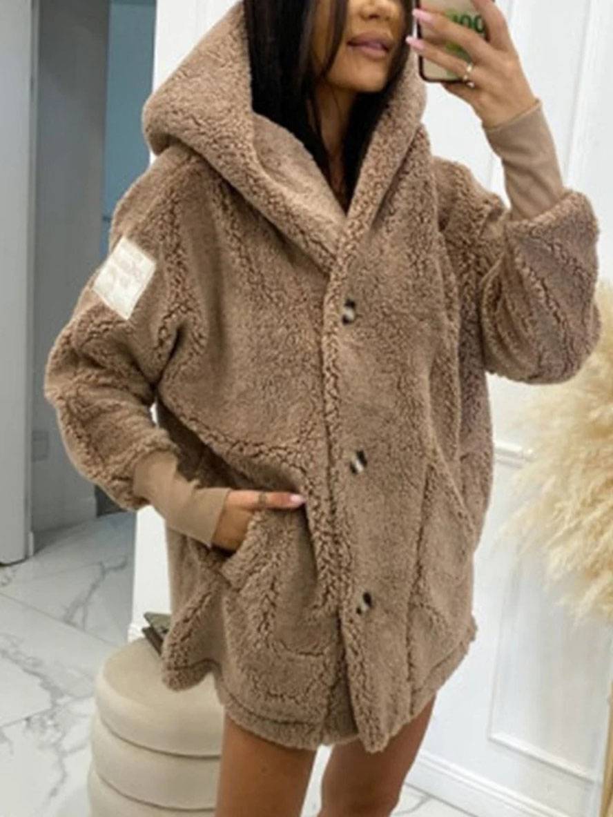 Heidi-Mode | Mittel-Langer Kapuzenmantel mit Fleece-Knopf-Taschen Lange Ärmel Damen Elegant Casual Locker Jacke