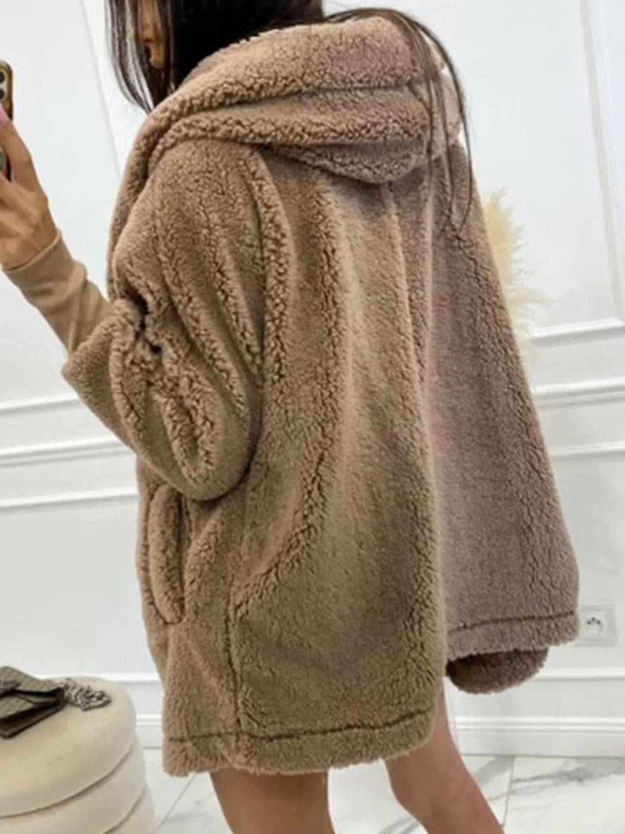Heidi-Mode | Mittel-Langer Kapuzenmantel mit Fleece-Knopf-Taschen Lange Ärmel Damen Elegant Casual Locker Jacke
