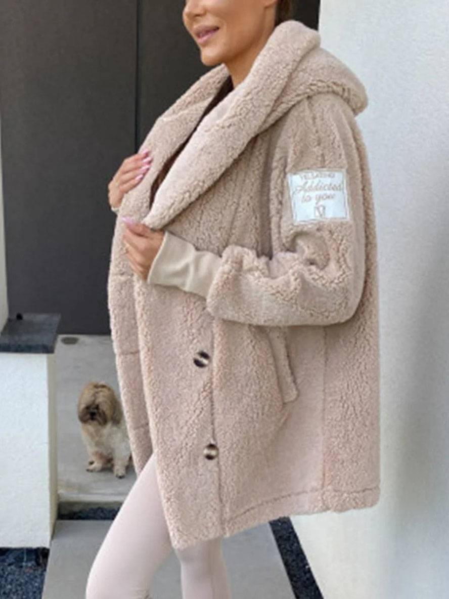 Heidi-Mode | Mittel-Langer Kapuzenmantel mit Fleece-Knopf-Taschen Lange Ärmel Damen Elegant Casual Locker Jacke