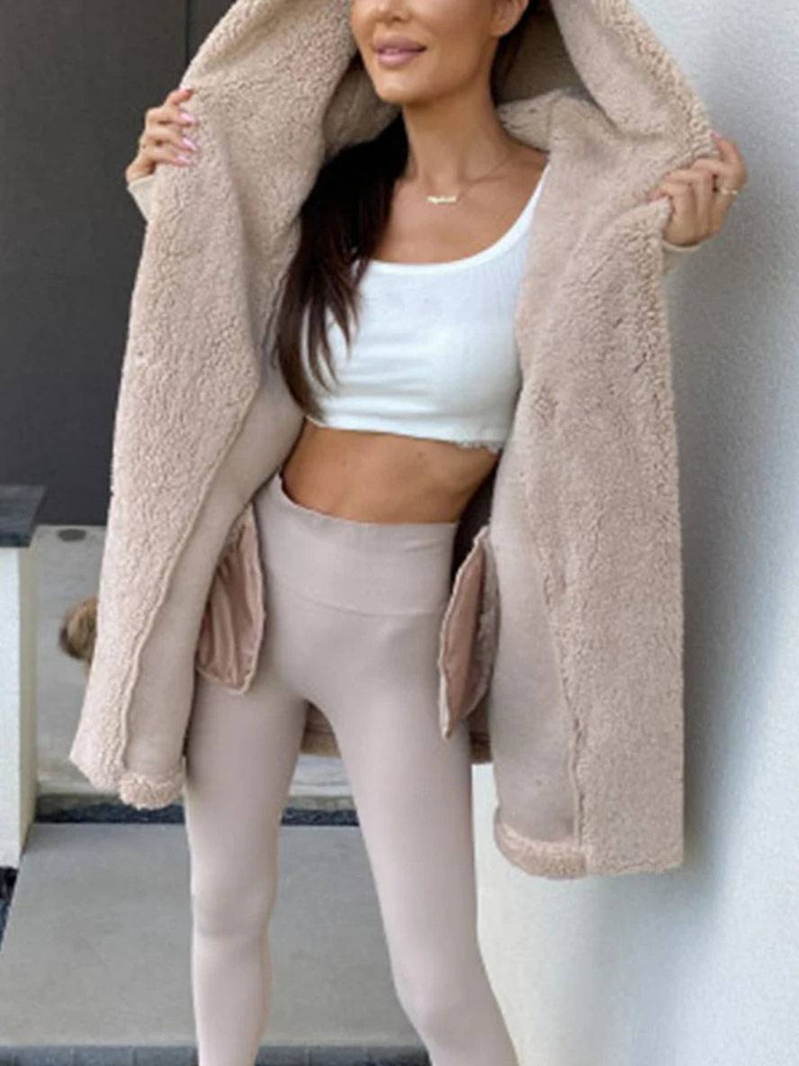 Heidi-Mode | Mittel-Langer Kapuzenmantel mit Fleece-Knopf-Taschen Lange Ärmel Damen Elegant Casual Locker Jacke
