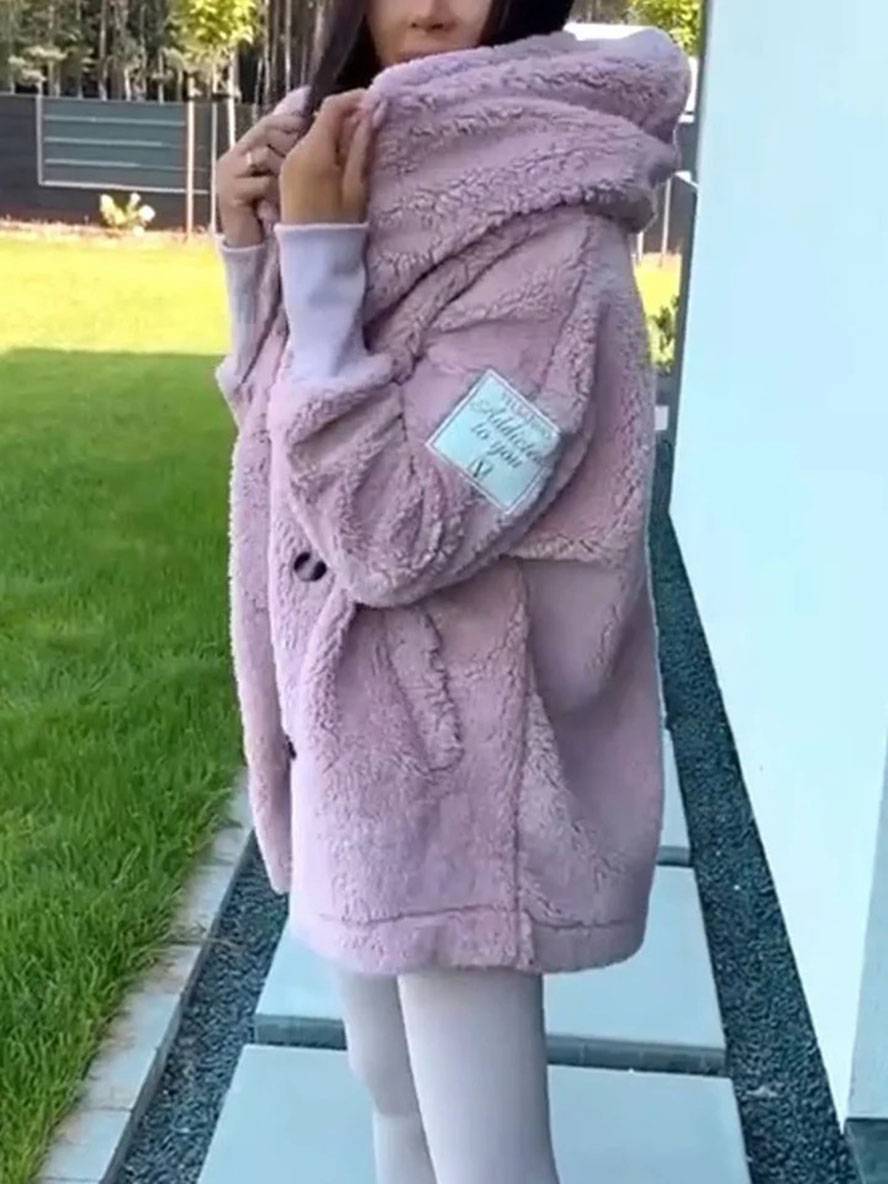 Heidi-Mode | Mittel-Langer Kapuzenmantel mit Fleece-Knopf-Taschen Lange Ärmel Damen Elegant Casual Locker Jacke