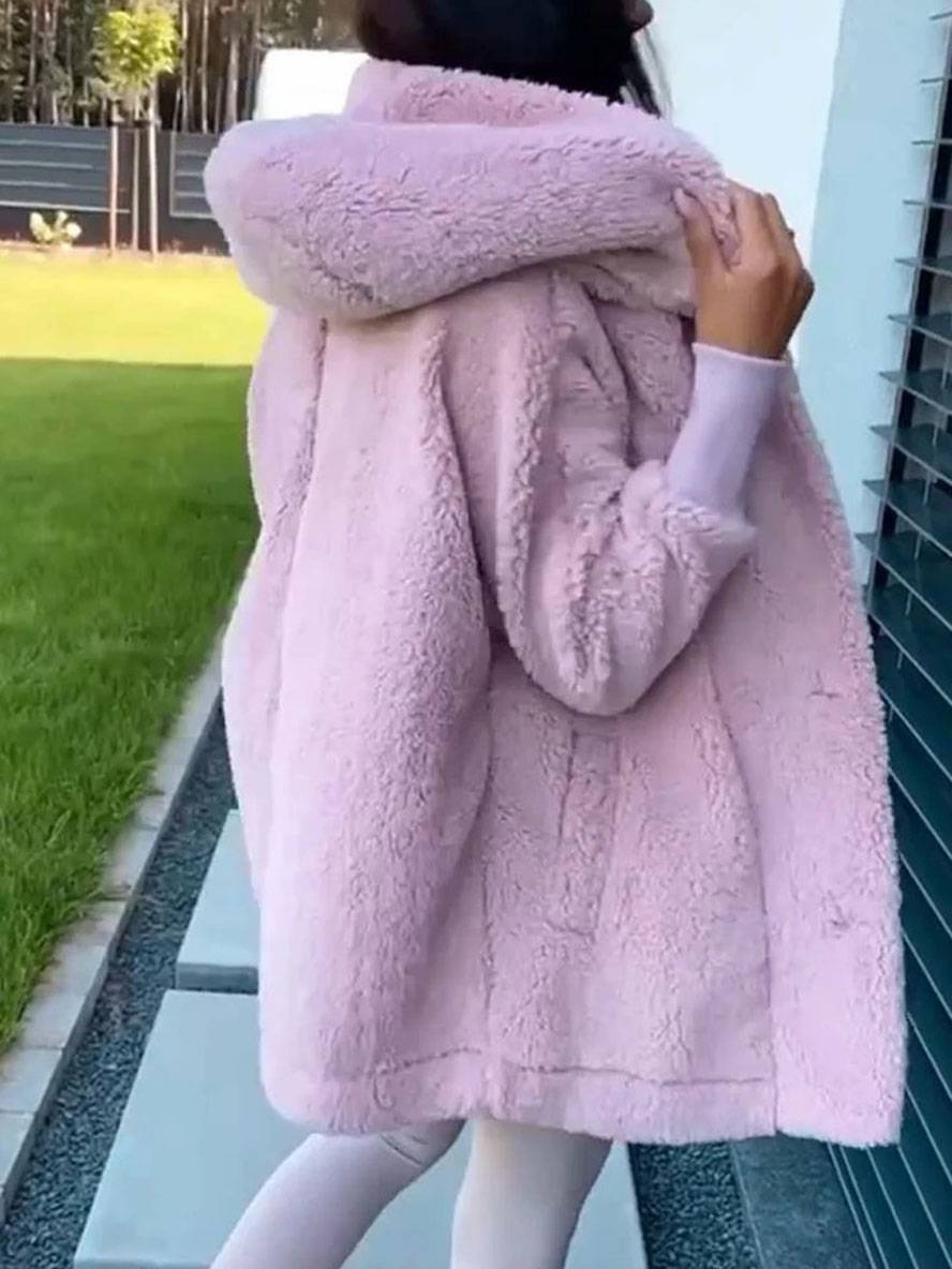 Heidi-Mode | Mittel-Langer Kapuzenmantel mit Fleece-Knopf-Taschen Lange Ärmel Damen Elegant Casual Locker Jacke