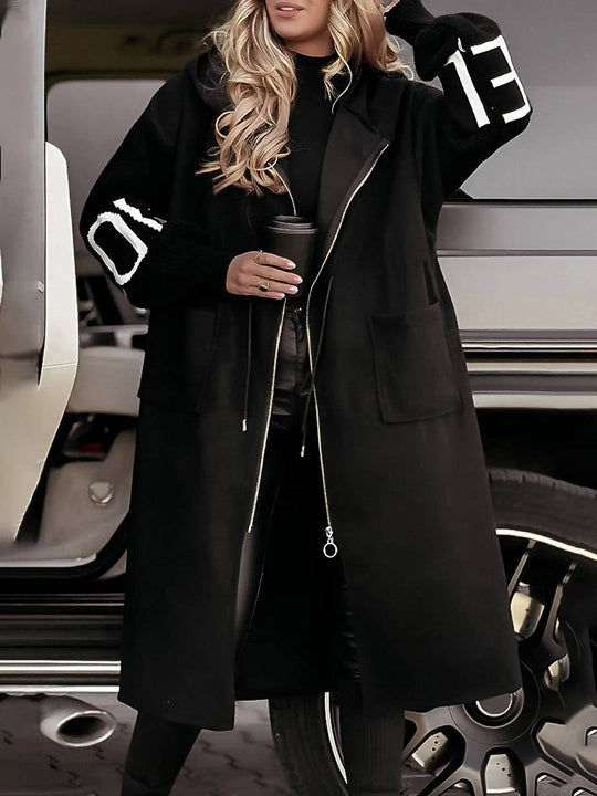 Heidi-Mode | Langer Kapmantel mit Kapuze Buchstaben Taschen Lange Ärmel Damen Elegant Casual Oversized Pullover Cardigan