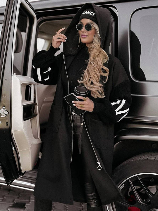 Heidi-Mode | Langer Kapmantel mit Kapuze Buchstaben Taschen Lange Ärmel Damen Elegant Casual Oversized Pullover Cardigan